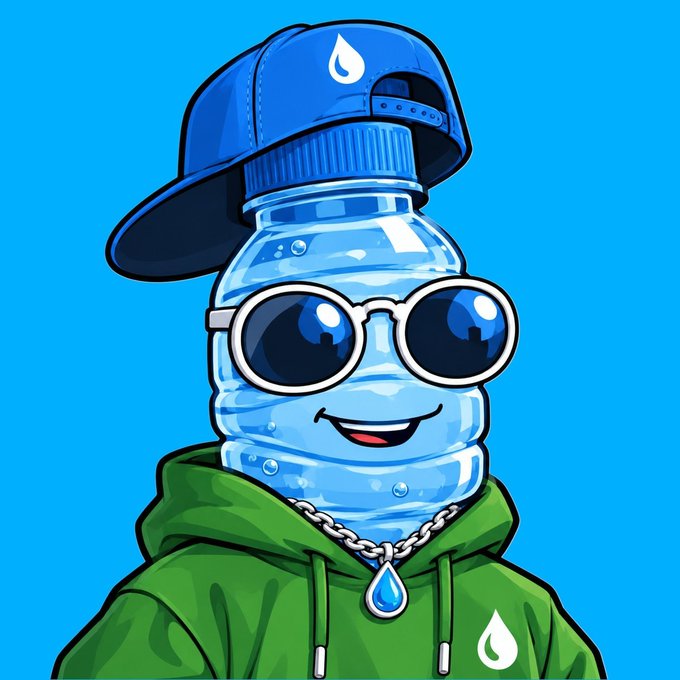 A digital illustration depicts an anthropomorphic water bottle wearing a green hoodie, a blue baseball cap with a water drop logo, sunglasses, and a water drop necklace against a blue background.