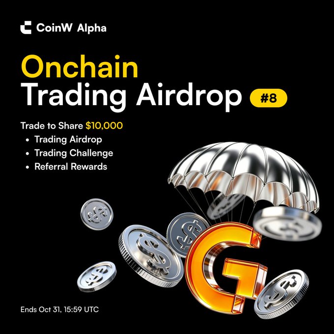 Promotional graphic for the 8th CoinW Alpha Onchain Trading Airdrop offering a $10,000 prize pool with trading airdrop, challenge, and referral rewards ending October 31, 15:59 UTC, featuring 3D coins falling with a parachute alongside the orange "G" CoinW logo on a black background.
