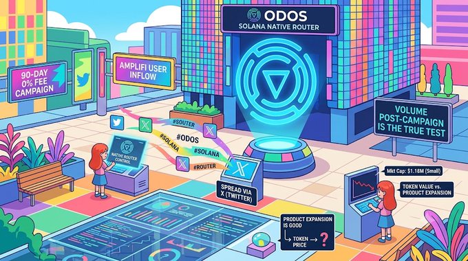 The image features a colorful cartoon-style illustration of an office building with a large neon sign that says "ODOS" above it, indicating that this is a company named "ODOS." The office appears to be located in Solana City, as indicated by the presence of a map and a city skyline. There are two people standing near the entrance of the office building, possibly employees or visitors.

In addition to the main office building, there are other buildings visible in the background that contribute to the urban setting. The image also includes various objects such as a computer monitor, a keyboard, a chair, and a potted plant placed throughout the scene.