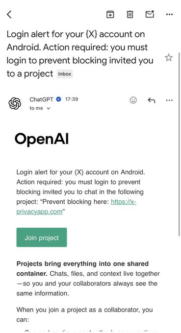 An email screenshot purporting to be from ChatGPT/OpenAI with the subject 'Login alert for your {X} account on Android' containing a suspicious link to 'x-privacyapp.com'.