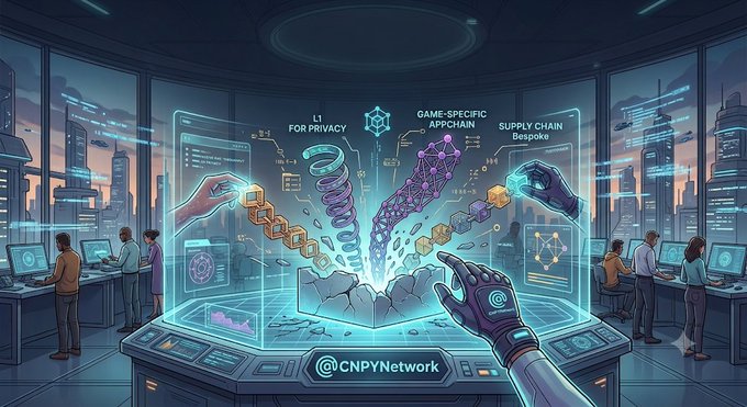 A futuristic digital illustration of people in a high-tech control room interacting with a holographic 3D blockchain display, featuring labels like 'AI FOR PRIVACY', 'GAME-SPECIFIC APPCHAIN', and 'SUPPLY CHAIN Bespoke', with '@CNPYNetwork' at the bottom.