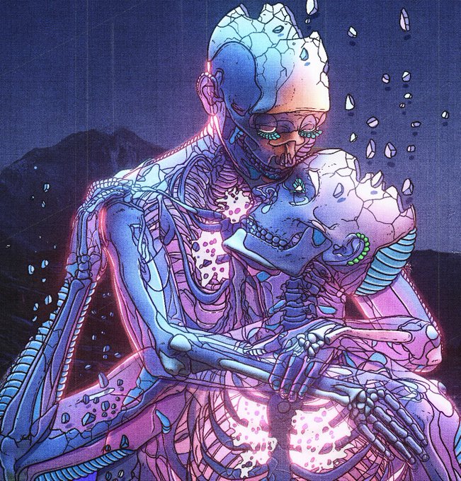 A cyberpunk-style digital illustration of two cybernetic humanoid figures in an intimate embrace, rendered in blue and purple tones with shattered fragments floating around them.
