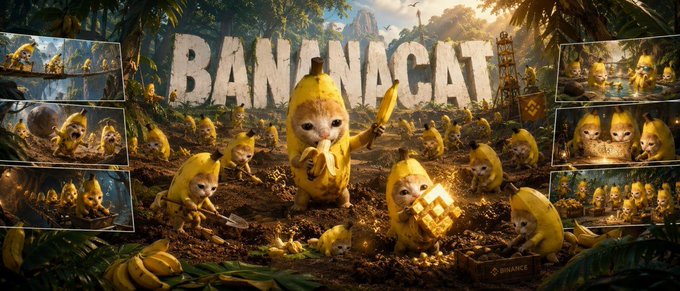 A promotional banner for the game 'BANANACAT' featuring multiple small cats dressed in banana peels in a jungle setting, with smaller scene panels on the sides.