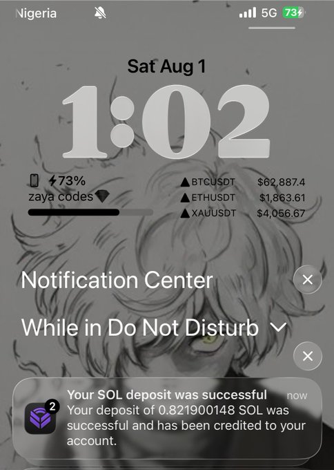 A smartphone lock screen dated Saturday, August 1, displaying the time 1:02 with a 73% battery, while a Notification Center alert shows a successful SOL deposit of 0.821900148 SOL credited to the account. The post "$60 not a bad start" corresponds to the approximate USD value of that Solana deposit, marking an easy early gain on the day's crypto trades.