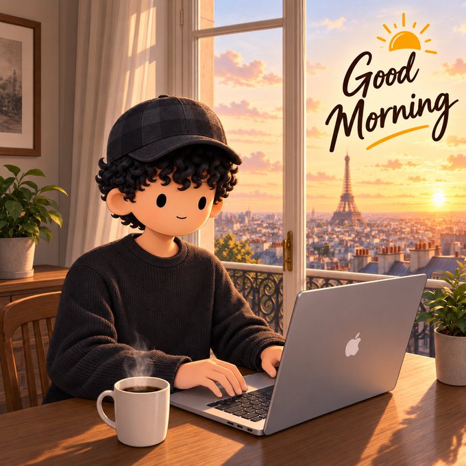 A cartoon-style character with curly hair and a cap works on a silver Apple laptop at a table with coffee, framed by a window overlooking the Eiffel Tower at sunrise with "Good Morning" text.