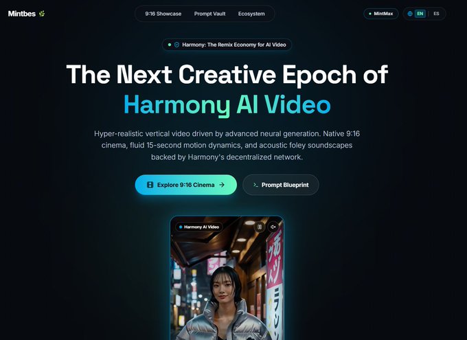 Mintbee promotional webpage advertising "Harmony AI Video" with the tagline "The Next Creative Epoch of Harmony AI Video," featuring navigation for 9:16 Showcase, Prompt Vault, and Ecosystem.