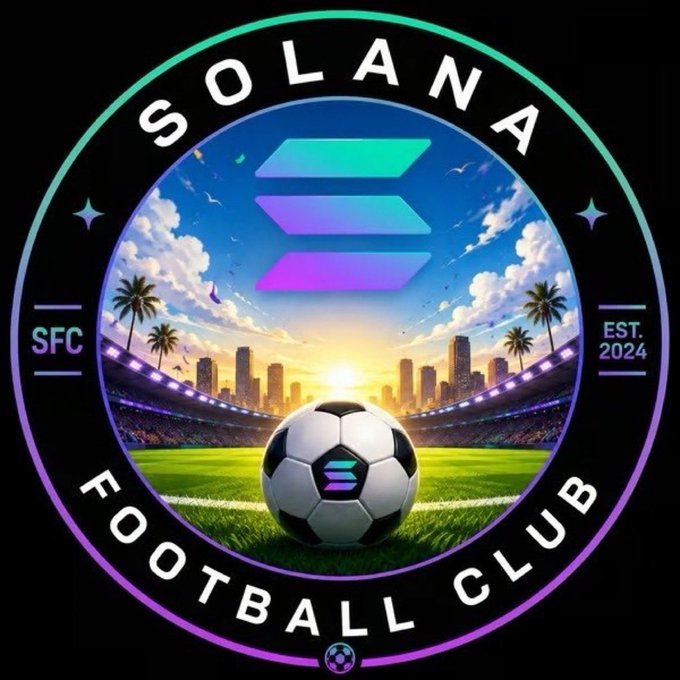 The image shows a soccer field with a bright green sky, clouds, palm trees, and a white soccer ball resting on the ground near a stadium. The text below the image reads "Don'T sleep on Solace! CA: ET8kG3Dbefg7uwqY4d4GGhkwvNmBdvBqf5UcvVERpump This is programmed to explode. Easily hitting a $1M market cap next! Sitting at a solid $120k right now Dev is constantly building Updates dropping daily Community is".
