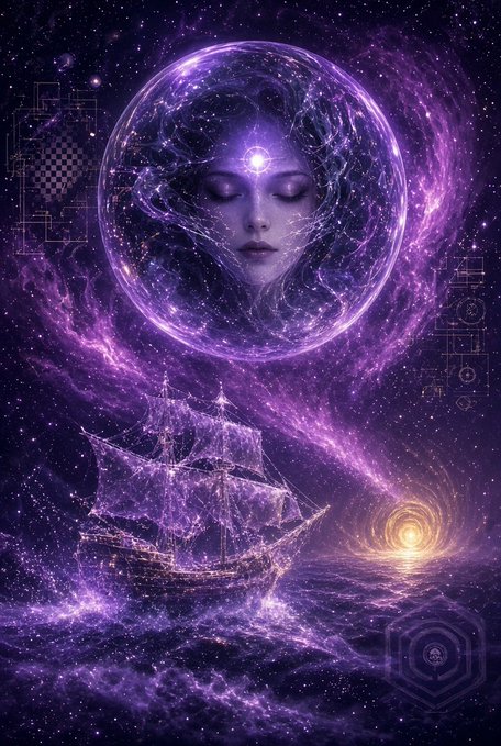 A serene, ethereal face floats within a glowing purple cosmic orb above a ghost ship sailing starry violet seas, with a luminous portal glowing on the horizon—evoking the mystery of what lies beyond. The image visually mirrors the post's theme of "building behind the scenes," with the spectral vessel and distant gateway symbolizing a quiet, powerful return and unseen progress on the horizon. No text or numbers appear in the image.