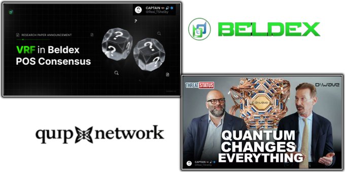 A collage shows logos for 'BELDEX', 'quip network', and 'D-Wave', along with graphics for 'VRF in Beldex POS Consensus' and 'QUANTUM CHANGES EVERYTHING'.