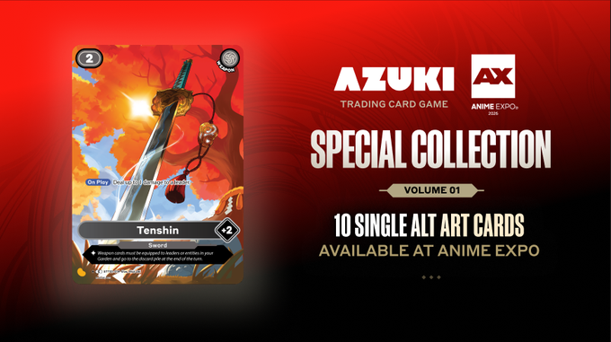 Azuki Trading Card Game promotional banner for 'Special Collection Volume 01,' featuring a 'Tenshin' alt art card and announcing availability at Anime Expo with 10 single alt art cards.