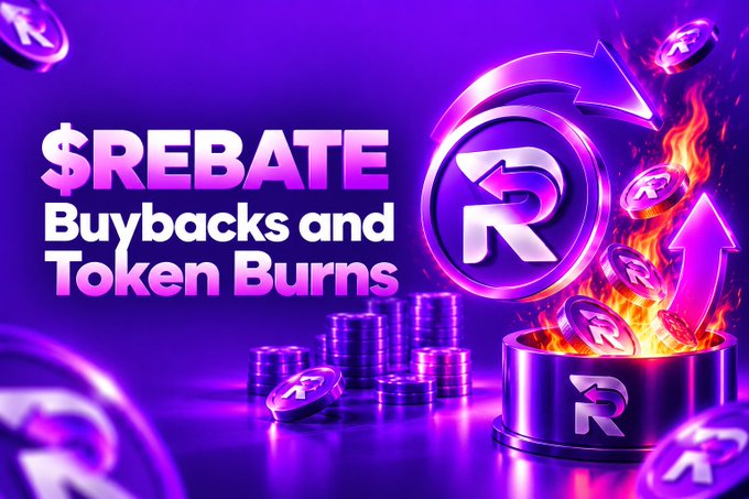 Vibrant purple and pink graphic advertising '$REBATE' with the text 'Buybacks and Token Burns,' showing stylized R coins and a fiery cauldron of tokens.