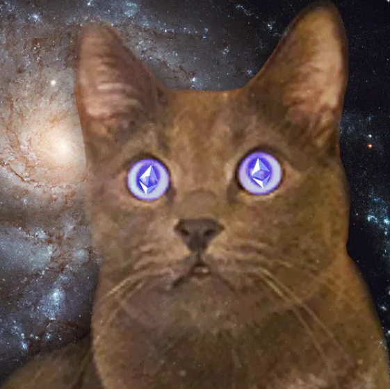 A brown tabby cat named Gio is shown with glowing Ethereum logos in its eyes, set against a cosmic galaxy background, symbolizing the cat "buried" on ethereum.org as the original ETH cat meme. The cosmic imagery and diamond-shaped ETH symbols highlight the post's theme of ETH's overlooked "original cat" amid the rise of cat coins on other chains.