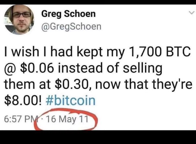 A tweet from Greg Schoen (@GregSchoen) dated May 16, 2011, reads: "I wish I had kept my 1,700 BTC @ $0.06 instead of selling them at $0.30, now that they're $8.00! #bitcoin" — with "16 May 11" circled in red, illustrating a classic example of selling too early to reinforce the post's message about holding $XRP.