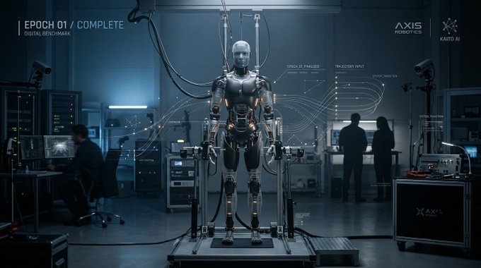A futuristic laboratory scene featuring a humanoid robot standing on a platform, surrounded by technicians and digital interfaces displaying text such as 'EPOCH 01 / COMPLETE' and 'AXIS ROBOTICS'.