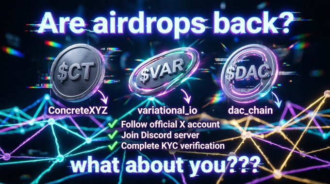 A promotional graphic asks 'Are airdrops back?' and 'what about you???' featuring crypto tokens $CT (ConcreteXYZ), $VAR (variational_io), and $DAC (dac_chain) with instructions to follow X, join Discord, and complete KYC.