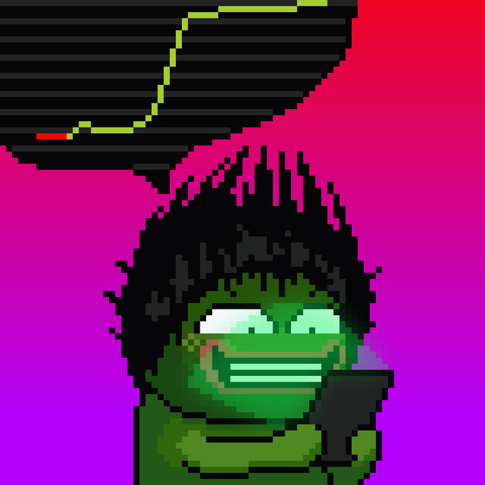 A pixelated digital illustration of a green-skinned character with messy black hair and a wide smile, set against a magenta gradient background.
