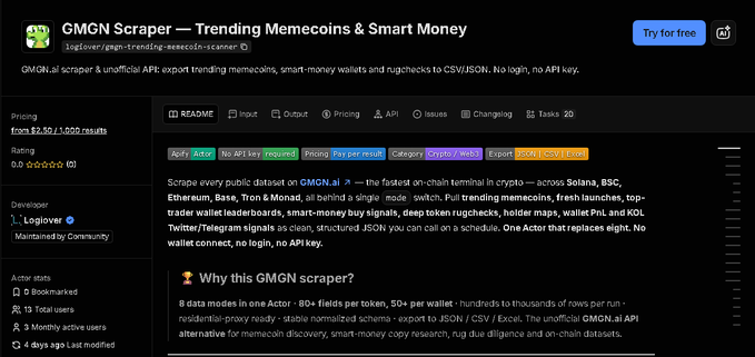 Screenshot of an Apify store page for 'GMGN Scraper — Trending Memecoins & Smart Money', priced from $2.50 per 1,000 results with a 5.0 rating.