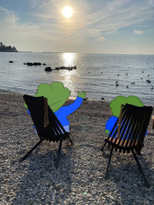 Two cartoon frogs wearing blue sweaters sit in wooden deck chairs on a pebble beach, waving towards the ocean under a bright sun.