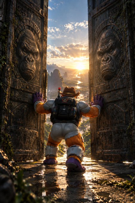 A digital artwork of a muscular adventurer with purple gloves and a backpack pushing open massive stone doors carved with gorilla faces, revealing a sunset landscape beyond.