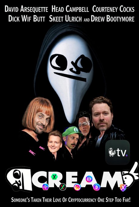 A promotional poster for 'ICREAMTV' features David Arsequette, Dick Wif Butt, Head Campbell, Courteney Cocks, Skeet Ulrich, and Drew Bootymore alongside a ghost logo, with the tagline 'Someone's Taken Their Love Of Cryptocurrency One Step Too Far!'.