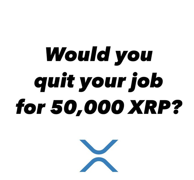 The image features bold black text asking "Would you quit your job for 50,000 XRP?" displayed above the blue XRP cryptocurrency logo. The post's "$XRP" tag directly relates to the 50,000 XRP figure shown, framing it as a provocative question about whether holding that amount of the cryptocurrency would be enough to leave traditional employment behind.