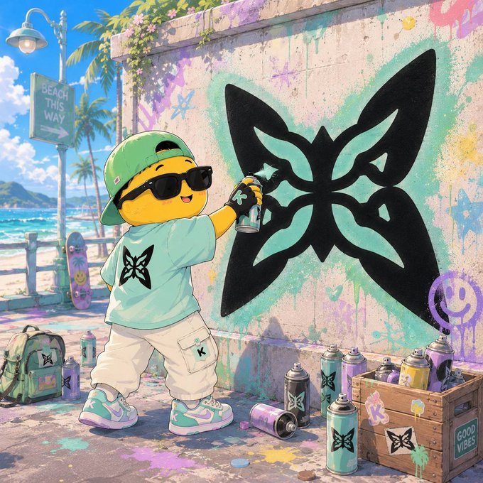 An anime-style illustration shows a yellow character in a teal hoodie and cap spray-painting a large black and teal butterfly mural on a wall at a beachside location, with spray cans and a crate scattered around.