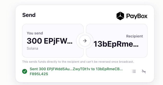 A PayBox transaction confirmation showing 300 EPjFWdd5AuZwyTDt1v (Solana USDC) successfully sent from address ZwyTDt1v to recipient 13bEpRmeCB...F895L42S, illustrating the "PayBox'd $300" tip sent to @schitzoe.