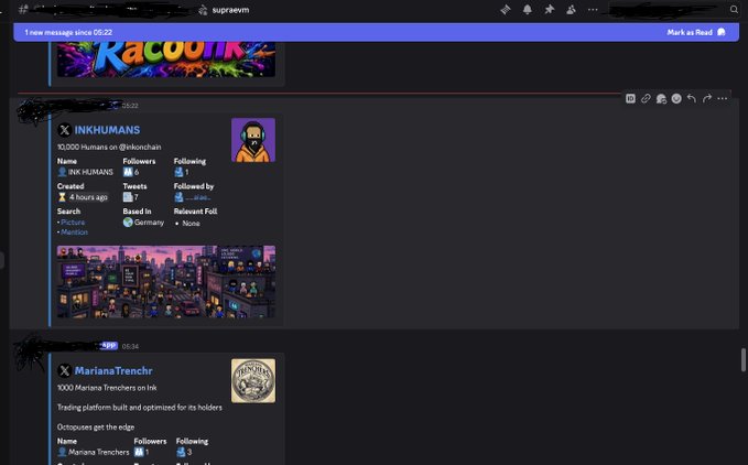 A Discord server interface showing channels like #RacoonINK, with an embedded social media post for 'INKHUMANS' (10,000 Humans on @inkonchain) featuring a cyberpunk cityscape banner and another post for 'MarianaTrencher' trading platform.