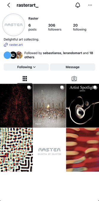 An Instagram profile page for 'rasterart_' (username 'Raster') with 6 posts, 306 followers, and 20 following, featuring a grid of abstract digital artworks.