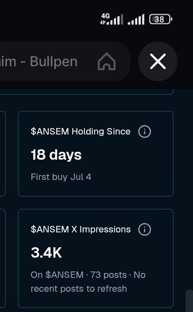 A mobile app interface showing $ANSEM holding stats including '18 days' held since first buy on Jul 4, and '$ANSEM X Impressions' at 3.4K.