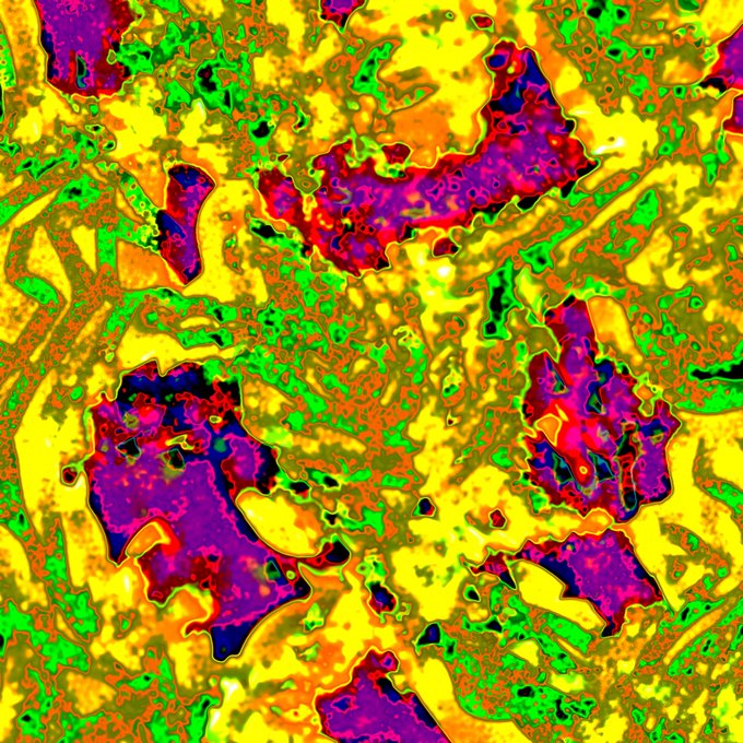 An abstract, psychedelic image filled with bright yellow, magenta, and green cellular-like patterns and textured blobs.