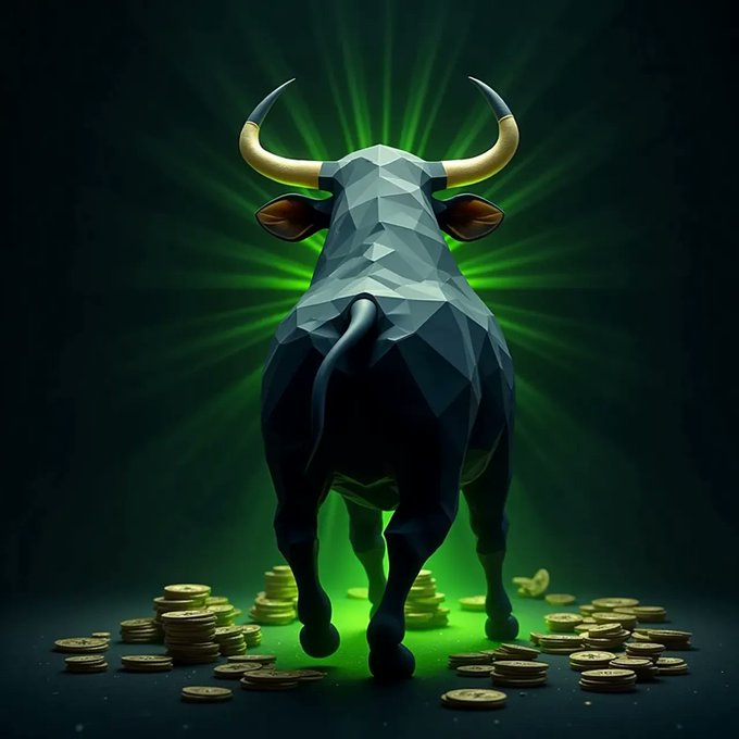 A low-poly 3D illustration of a bull viewed from behind with golden horns, standing on scattered gold coins against a dark green glowing background.