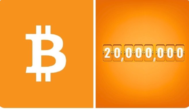 The image presents two contrasting scenes related to the popular cryptocurrency called Bitcoin. On one side of the image, there is a white Bitcoin symbol enclosed within an orange frame. This symbol stands for Bitcoin itself, known for its value as being equal or greater than 20,000,000 BTC, which are digital tokens that can be spent worldwide. 
On the other side of the image, there's an orange calculator with "20,000,000" on it, representing the current balance of Bitcoins in circulation. The post also explains how Bitcoin is distributed evenly across a network through a process called mining where each miner validates transactions and adds them to the Blockchain ledger. However, this process can take a very long time, as miners are continually competing for the limited mining pool's resources, which results in an extremely scarce supply of Bitcoins after the 21 million supply cap is reached.