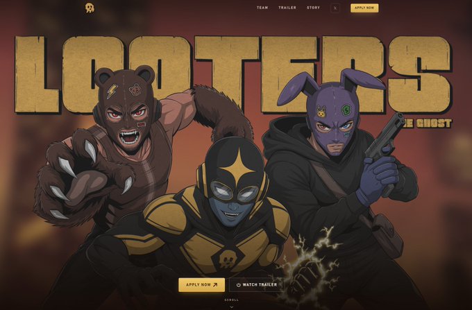 Promotional artwork for the LOLOTERS NFT project featuring three masked cartoon characters in a dynamic pose with APPLY NOW and WATCH TRAILER buttons.
