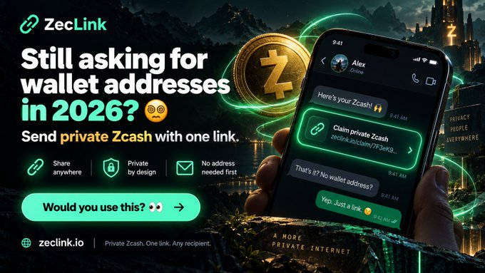 An advertisement for ZecLink with text 'Still asking for wallet addresses in 2026?' promoting private Zcash transactions via links, with a smartphone showing a messaging app.
