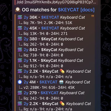 A screenshot of a Discord channel showing OG matches for the $KEYCAT memecoin, displaying transaction data (2y, 3y, 4y old matches) with the original Keyboard Cat contract token, supporting the post's claim that this is the oldest Keyboard Cat contract on-chain.