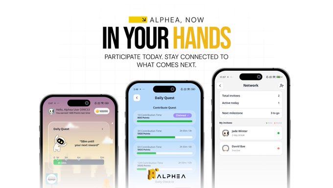 A promotional advertisement for the 'Alphea' app featuring the tagline 'ALPHEA, NOW IN YOUR HANDS. PARTICIPATE TODAY. STAY CONNECTED TO WHAT COMES NEXT.' alongside three smartphone screens displaying Daily Quest and Network interfaces.
