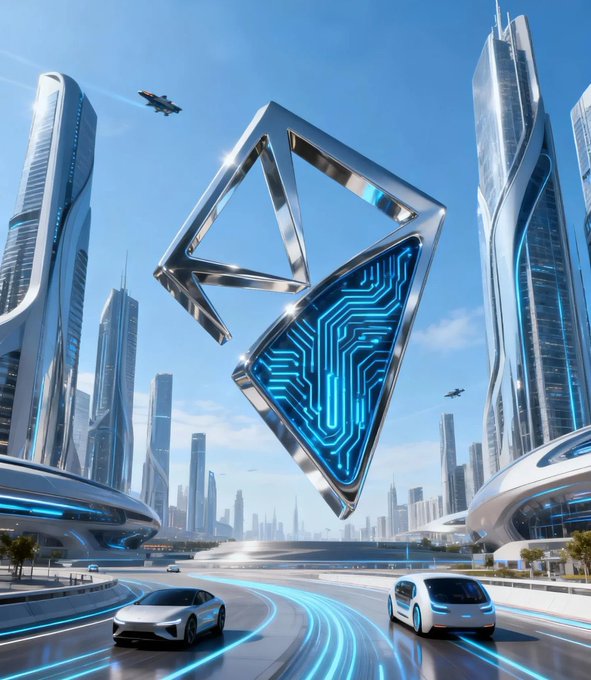 A futuristic cityscape features sleek autonomous vehicles navigating glowing roads alongside towering skyscrapers, with a large metallic crystalline structure embedded with illuminated circuitry hovering centrally in the sky—symbolizing the seamless fusion of advanced technology, digital innovation, and blockchain-powered art that defines AINFT's ARTWORKS Gallery.