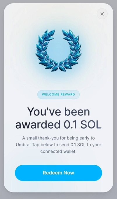 The image presents a screenshot of an award page for a rewards app, specifically for the user Umbra. The screen displays an email offering free Umbra Privacy reward points if they register, along with instructions on how to do so. There's also an information button that provides more details about the rewards offered by the app.