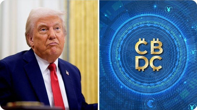 Former President Donald Trump is juxtaposed with a graphic displaying "CBDC" and currency symbols, illustrating his stance against the housing bill and its included CBDC ban.