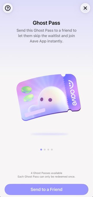 A mobile app screen titled 'Ghost Pass' from Aave App, offering 4 ghost passes to skip the waitlist, featuring a cute ghost illustration on a purple ticket design.