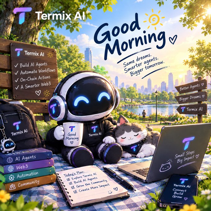 A promotional graphic for "Termix AI" featuring a cute robot character holding a "Good Morning" mug alongside a sleeping cat, set in a sunny park with a city skyline.