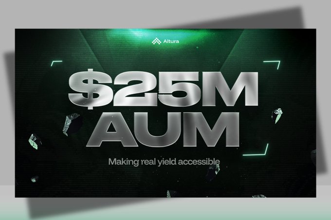 The image features a greenish-gray background with white text, which reads "$25,000,000". Below this, there is a caption that says "Making Real Yield Accessible", suggesting that Altura was built for individuals who want to invest and generate income without the risks typically associated with gambling or speculative stock investing. The image also includes small icons representing different betting strategies used by investors at Altura, such as "Big Risk Big reward", "Small Risk Small reward", and "Little Risk Little reward".