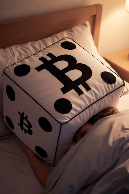 A child sleeps under white bedding with their head on a large white dice-shaped pillow featuring the black Bitcoin ₿ symbol and pip dots on its faces, playfully illustrating the joke about a Bitcoin-themed dice pillow being a hot-seller alongside hardware wallets following a Coldcard exploit.