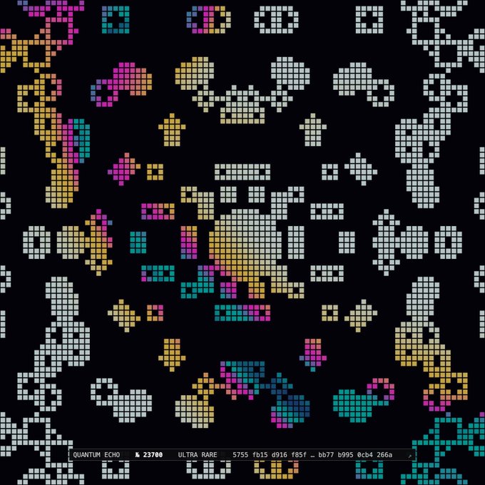 A pixelated grid-based digital artwork with colorful scattered patterns on a black background, labeled 'QUANTUM ECHO 23700 ULTRA RARE 5755' at the bottom.