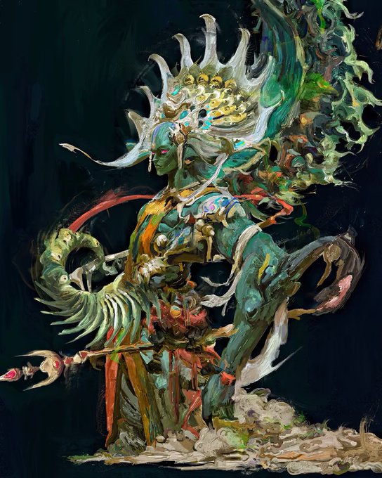 A vibrant, abstract fantasy painting depicting a green-skinned figure adorned with an ornate headdress, holding a staff, with flowing elements of green, white, and red.