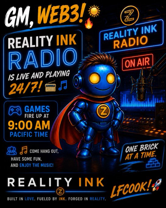 A promotional poster for 'REALITY INK RADIO' with 'GM, WEB3!' headline, advertising 24/7 live streaming, games at 9:00 AM Pacific Time, and the tagline 'ONE BRICK AT A TIME,' featuring a blue robot superhero mascot.