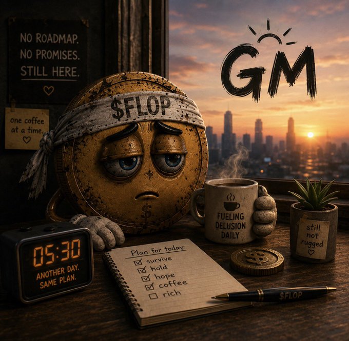 A melancholic scene featuring an anthropomorphic coin wearing a headband labeled '$FLOP', sitting with a coffee mug and a to-do list, accompanied by text like 'NO ROADMAP. NO PROMISES. STILL HERE.' and 'GM'.