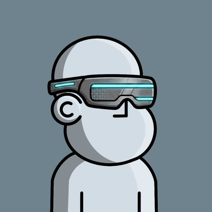 A simple cartoon illustration of a white humanoid figure wearing futuristic VR goggles with glowing cyan accents against a gray background.