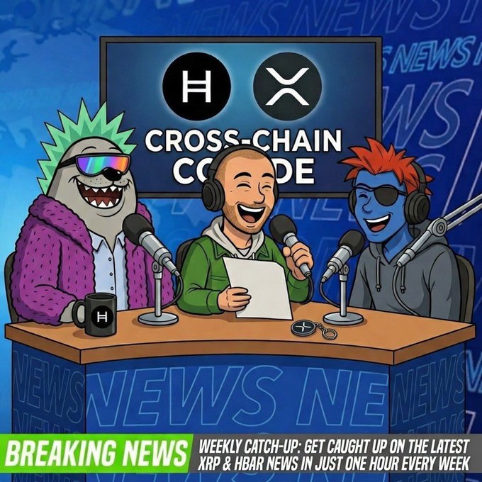 An animated illustration of a 'Cross-Chain Code' podcast with three cartoon characters at a desk with microphones, promoting a weekly XRP and HBAR news show under a 'BREAKING NEWS' banner.